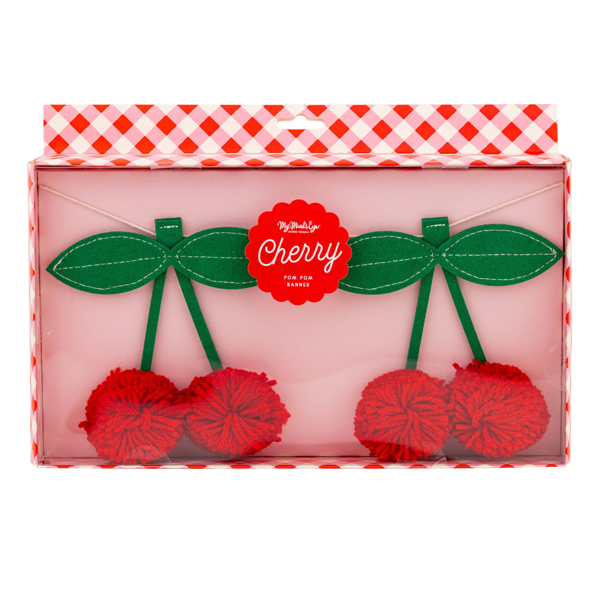 Packaged felt cherry pom pom banner with green felt leaves and red pom pom cherries inside a display box.
