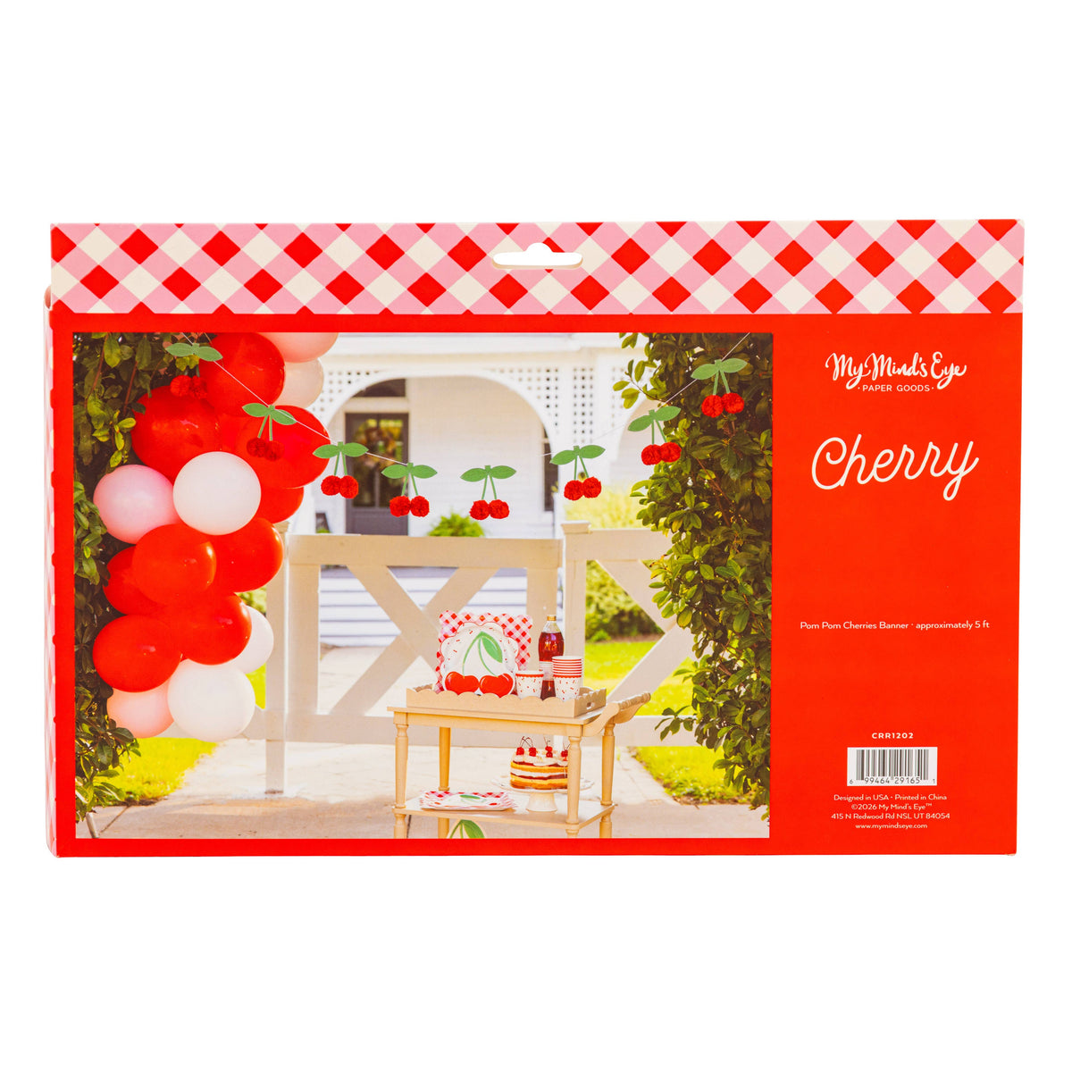 Back of cherry pom pom banner packaging showing product photo and branding.