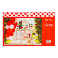 Back of cherry pom pom banner packaging showing product photo and branding.