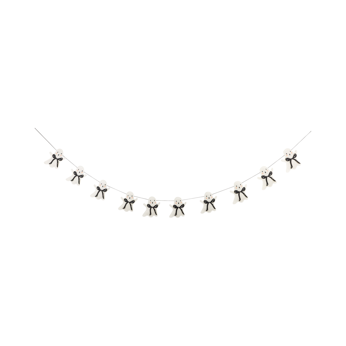 Decorative string with small black and white halloween ghost figures on a white background. 