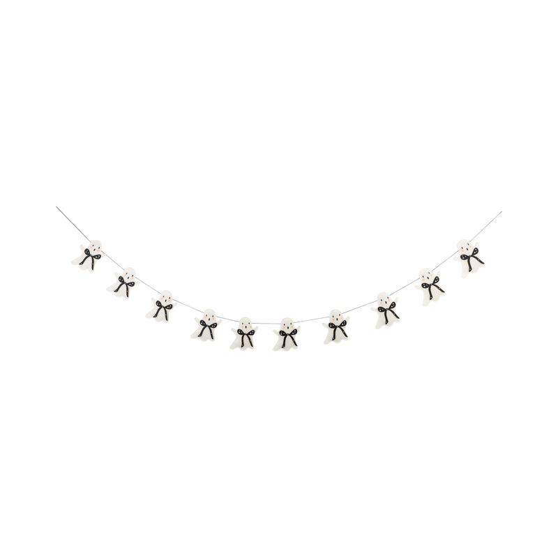 Decorative string with small black and white halloween ghost figures on a white background. 