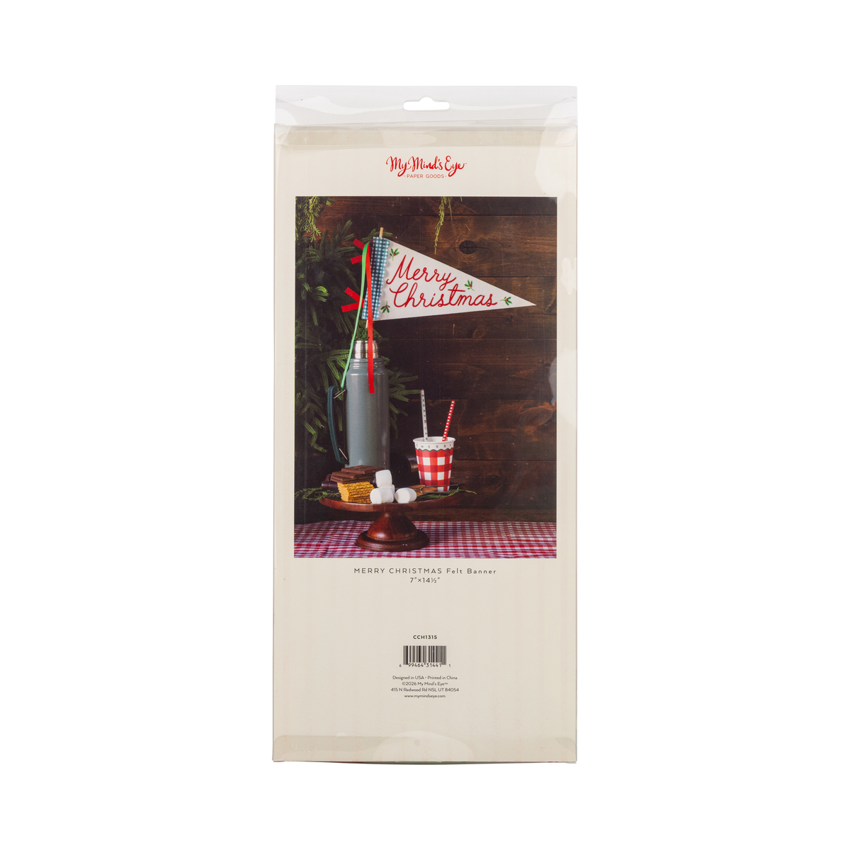 Back of the felt pennant flag packaging with a styled photo.