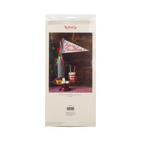 Back of the felt pennant flag packaging with a styled photo.