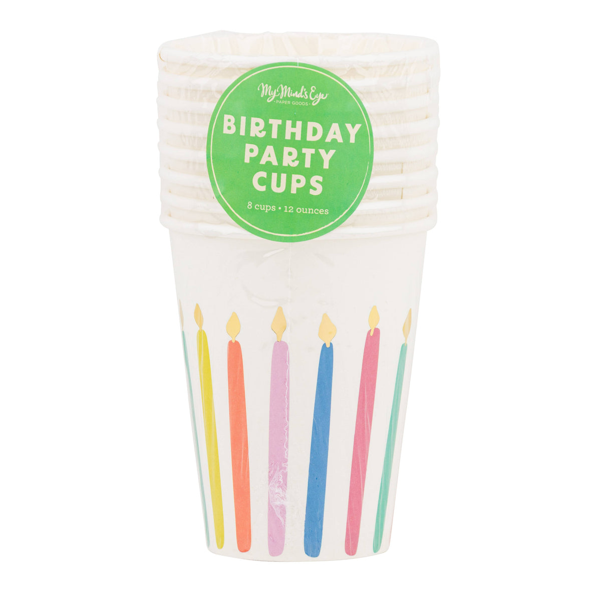 A stack of 8 festive party cups with a green label showing the My Mind's Eye brand for a Color Block Party.