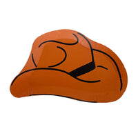 Product shot on white of a die‑cut cowboy‑hat paper plate in rich saddle‑brown with simple black line art detailing the hat’s folds.