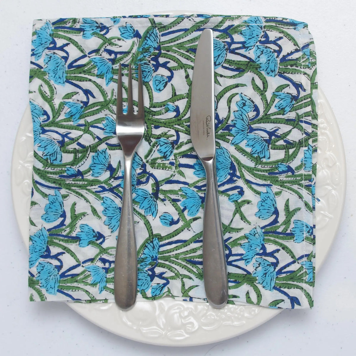 Blue and Green floral cotton napkins that are perfect for a Spring or Summer table