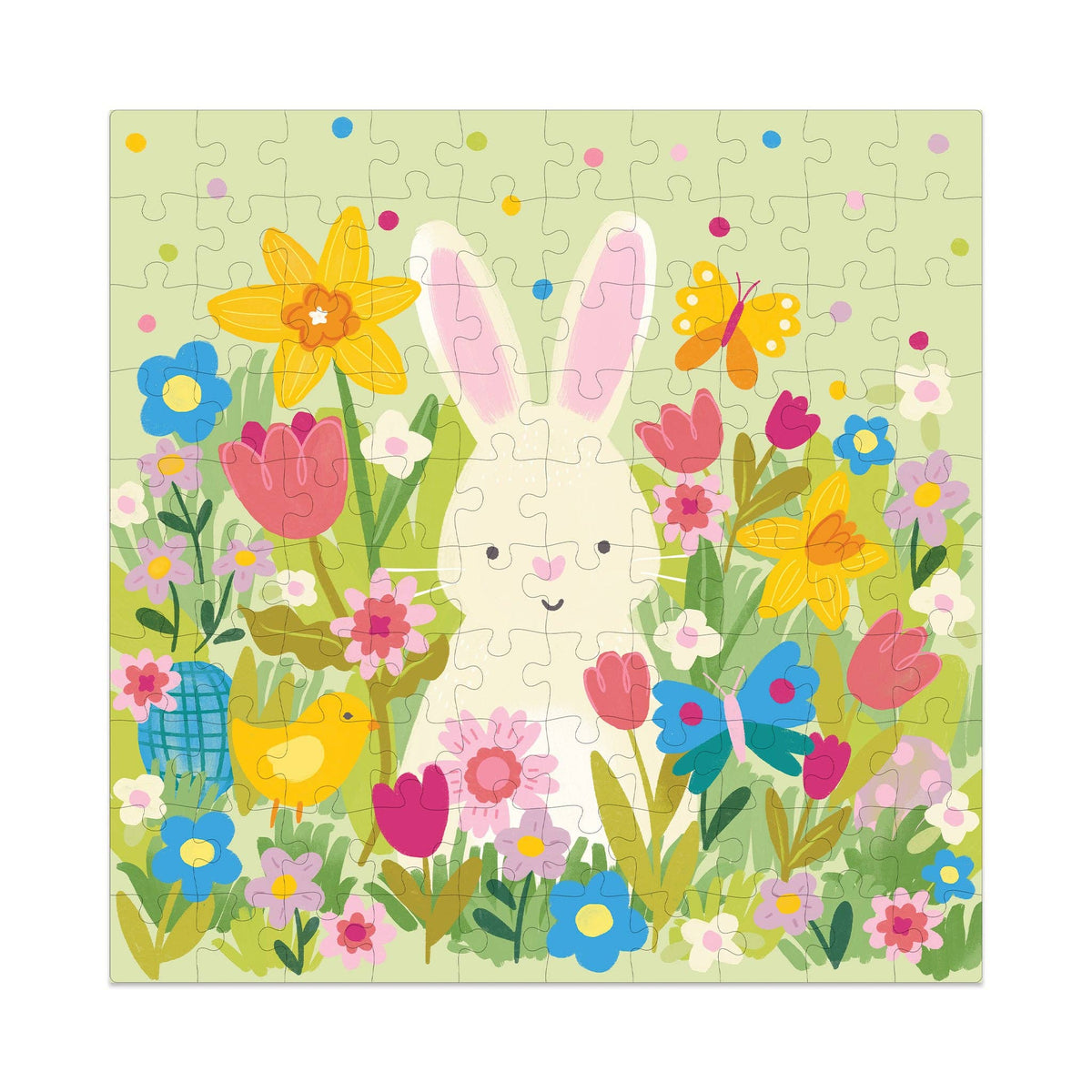 The completed 100-piece Easter garden puzzle showing a cute white bunny surrounded by spring flowers, butterflies, and a yellow bird.