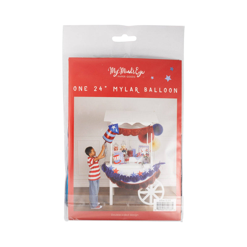 Front of packaging for a 24 inch firecracker shaped mylar balloon by My Minds Eye showing double sided design label and item number USA1220