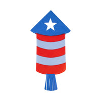 Single firecracker shaped paper napkin flat lay showing blue star-tipped point red and cream striped body and fringed blue tail