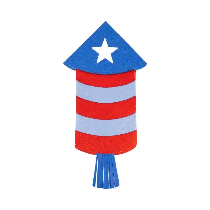 Single firecracker shaped paper napkin flat lay showing blue star-tipped point red and cream striped body and fringed blue tail