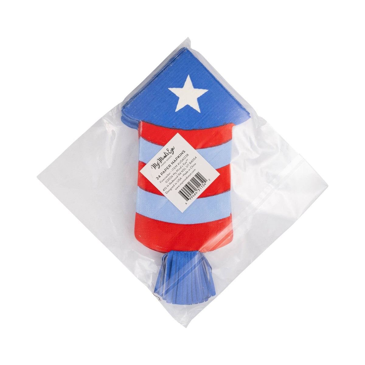 Back of packaging for firecracker shaped paper napkins showing die-cut rocket napkin with product label and 24 count in cellophane wrap