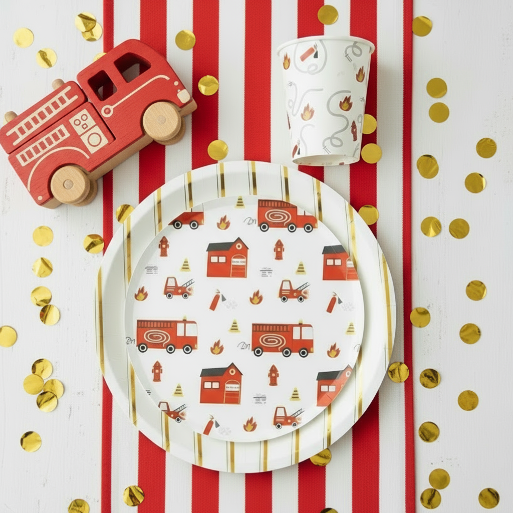 Firetruck cup arranged with party supplies.