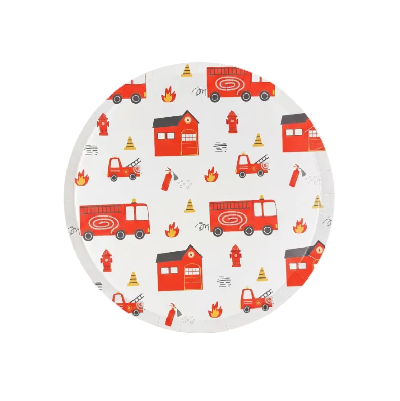 Firetruck dessert plate with red fire engine pattern.