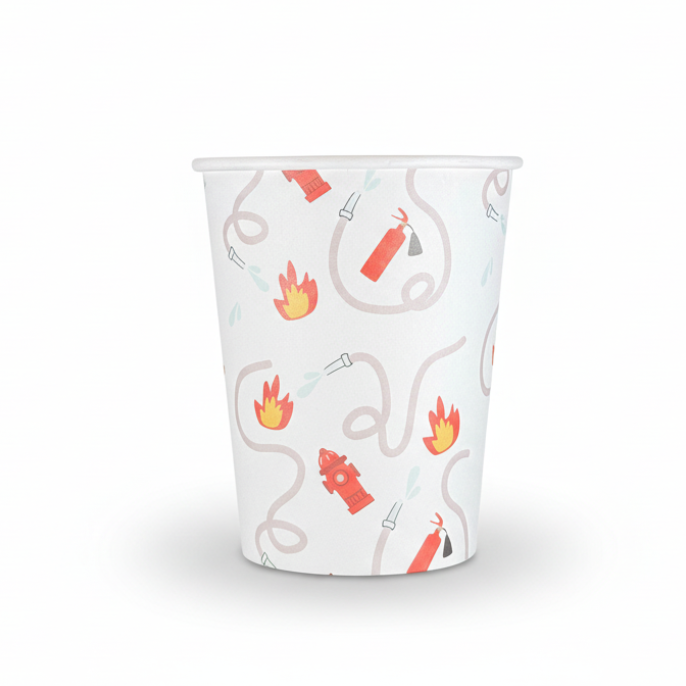 Firetruck paper cup with rescue pattern.