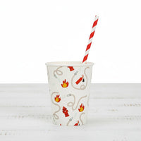 Firetruck party cup with striped straw.