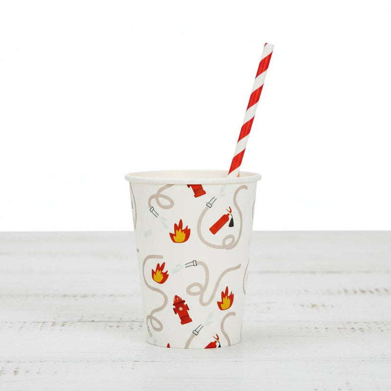 Firetruck party cup with striped straw.