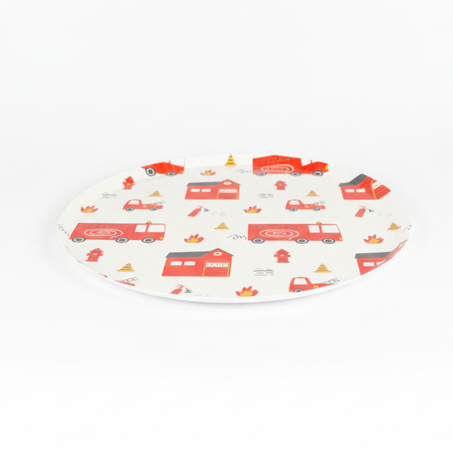 Side view of firetruck party plate showing design detail.