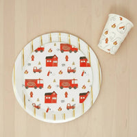 Firetruck party table setup with cup and plates.