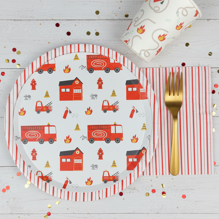 Firetruck themed plate styled with party setup.