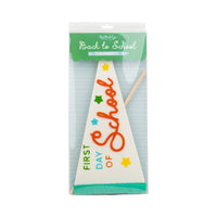 Packaged first day of school felt pennant product front view.