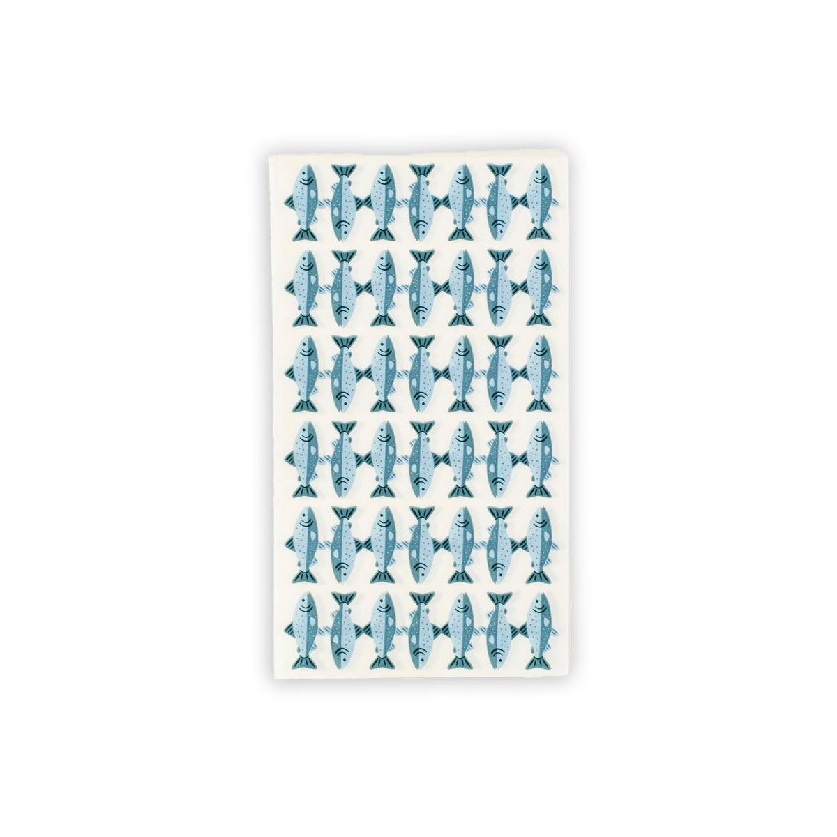 Cream paper guest towel with an all-over hand-drawn blue spotted-trout print, shown flat on a white background