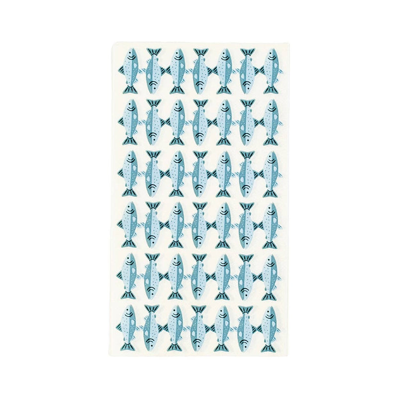 Cream paper guest towel with an all-over hand-drawn blue spotted-trout print, shown flat on a white background.