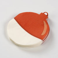 Front view of a single fishing bobber shaped paper napkin on a white background.