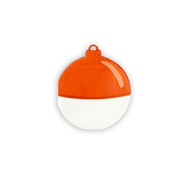 Die-cut paper napkin shaped like a red-orange and white fishing bobber with a top loop, on a white background.