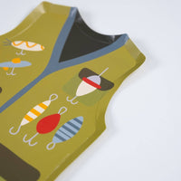 Close-up of a fishing vest shaped paper plate showing the bobber, striped lures, and fly detailing.