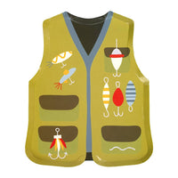 Die-cut paper plate shaped like an olive fishing vest with printed lures, a bobber, a fly, and zippered pockets, on a white background.