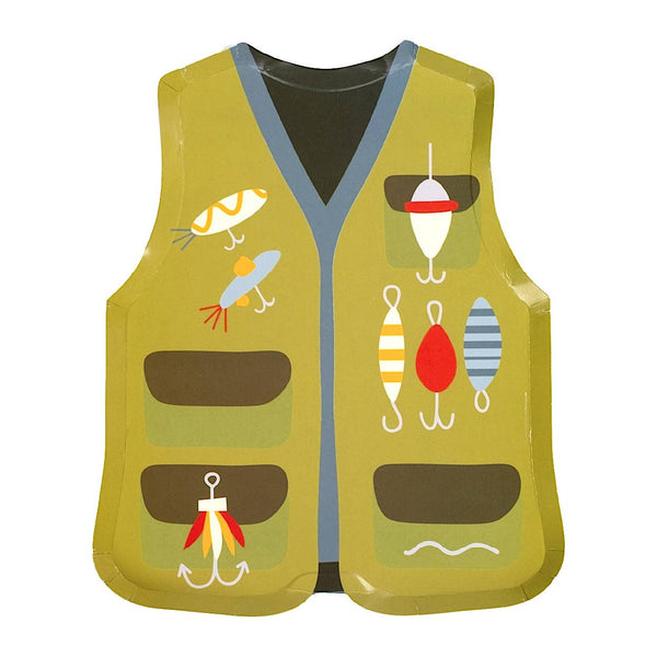 Die-cut paper plate shaped like an olive fishing vest with printed lures, a bobber, a fly, and zippered pockets, on a white background.