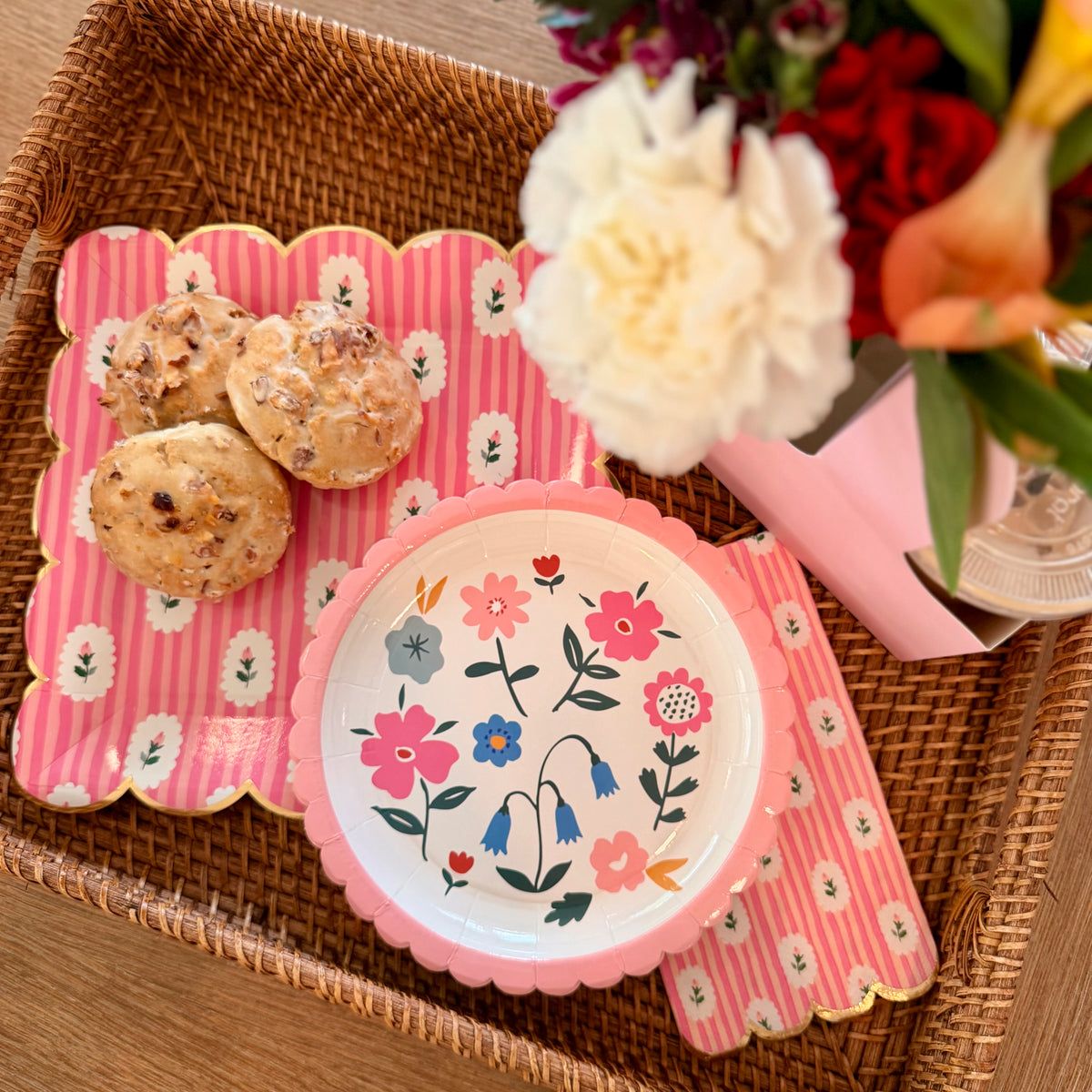 Overhead view of Flora party supplies collection for spring and Mother's Day
