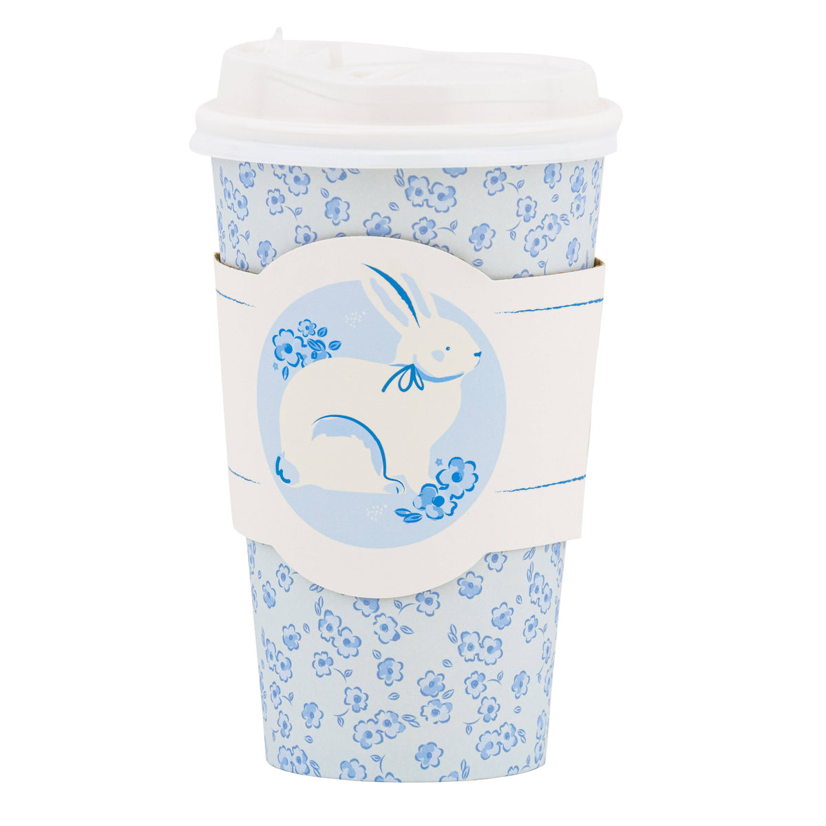 A single 16oz floral paper coffee cup featuring a white cardboard sleeve with a blue illustrated bunny and a secure white plastic lid.