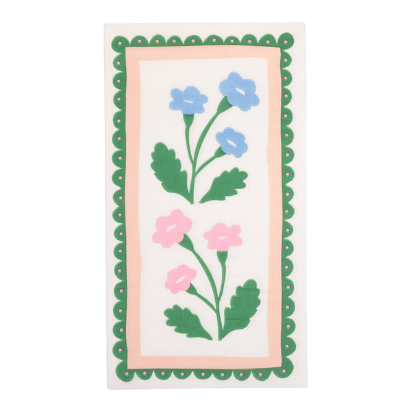 Rectangular floral border dinner napkin with blue and pink flowers and green scalloped edge