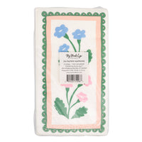 Back view of floral border napkins with product label packaging