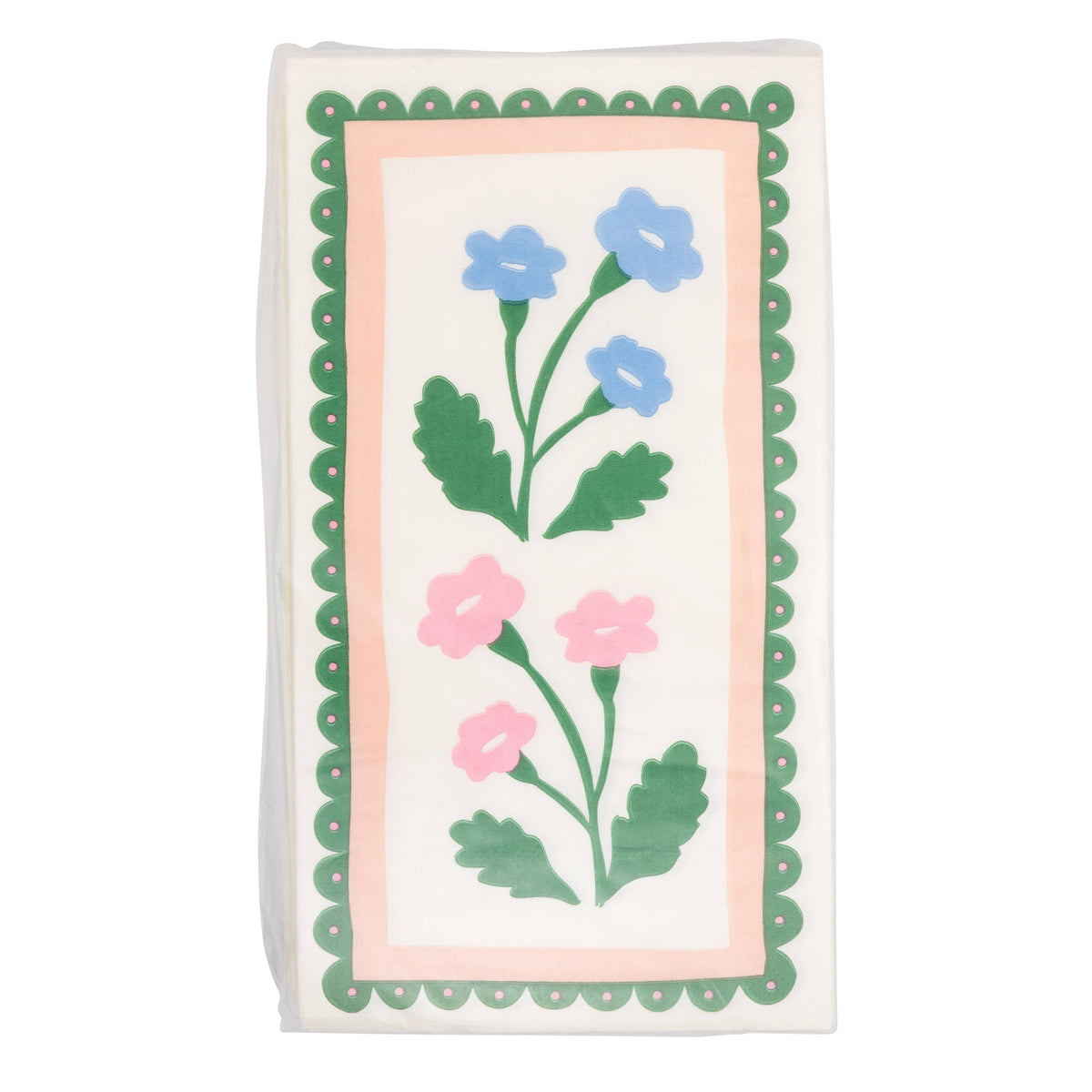 Packaged floral border dinner napkins showing full design