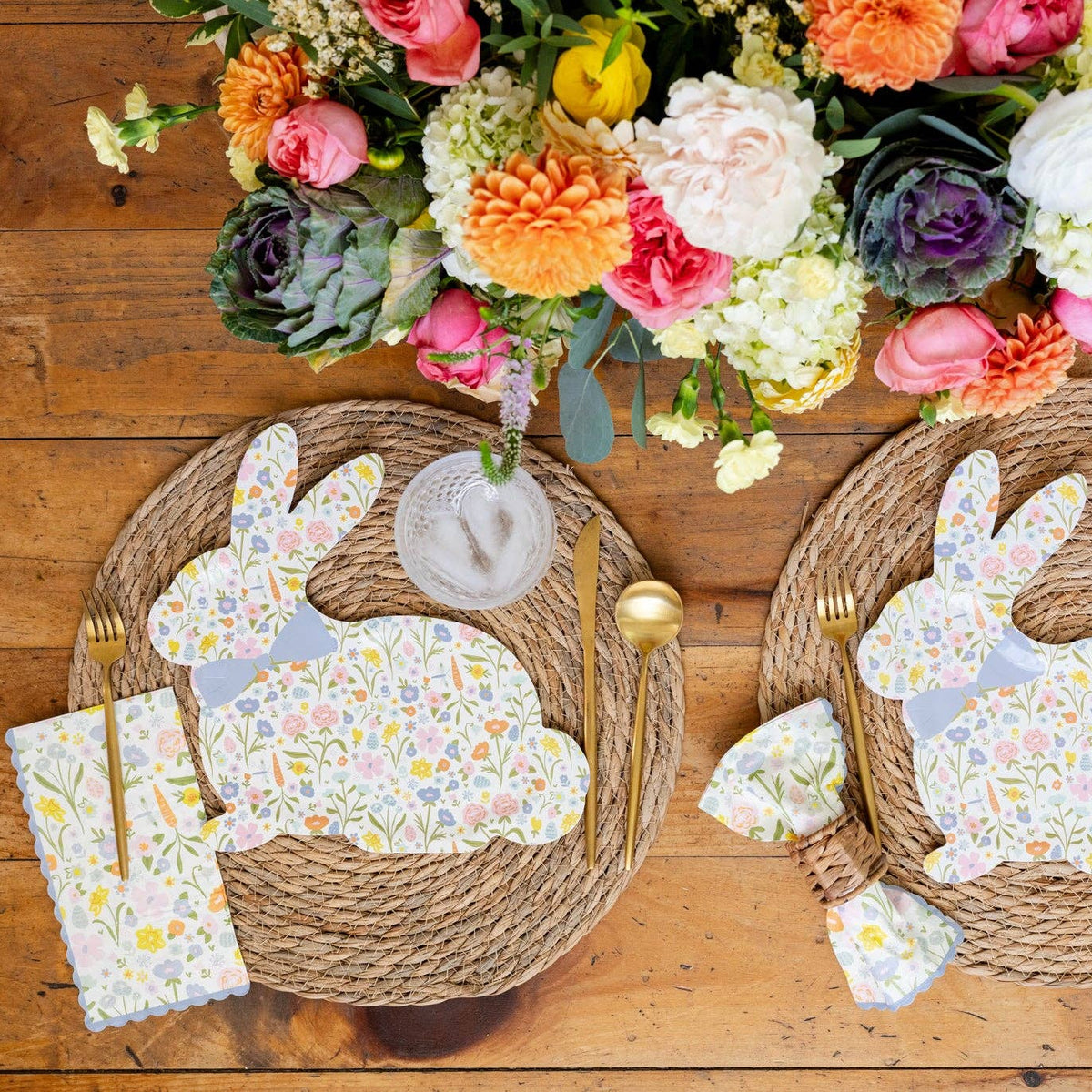 Floral bunny plate styled on Easter table setting with napkins and spring florals