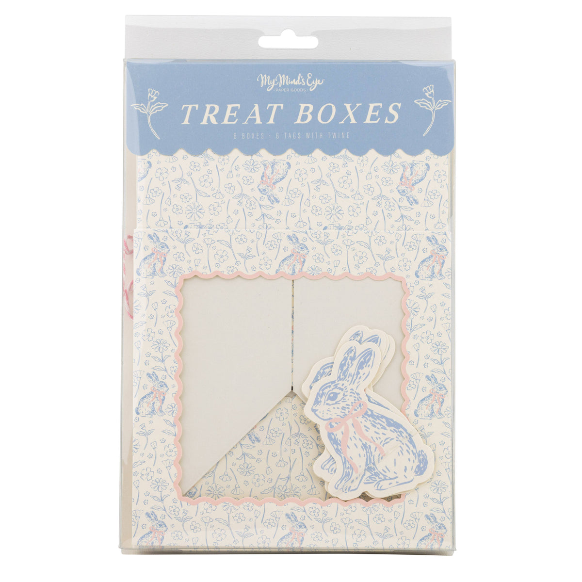 Retail packaging for a set of 6 blue floral bunny treat boxes, a refined addition to your Easter party supplies.