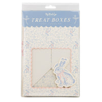Retail packaging for a set of 6 blue floral bunny treat boxes, a refined addition to your Easter party supplies.