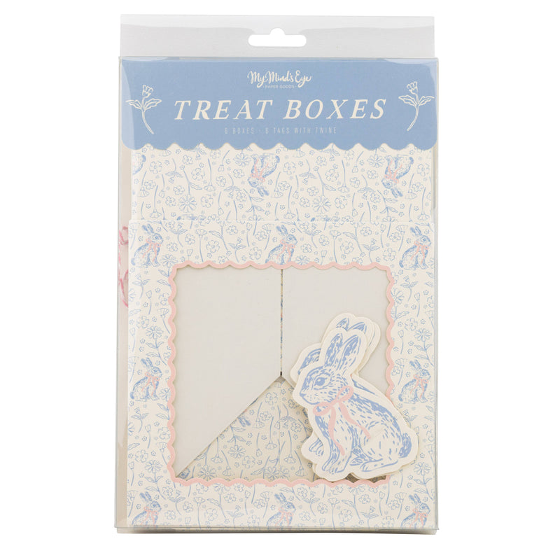 Retail packaging for a set of 6 blue floral bunny treat boxes, a refined addition to your Easter party supplies.