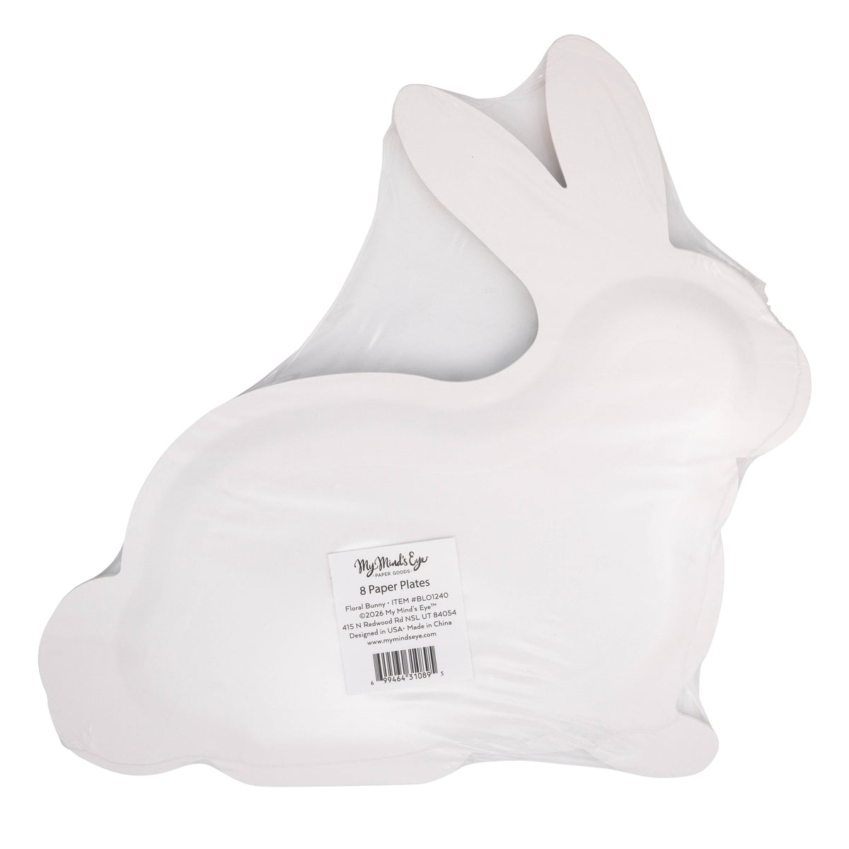 Back view of stacked bunny shaped paper plates in packaging