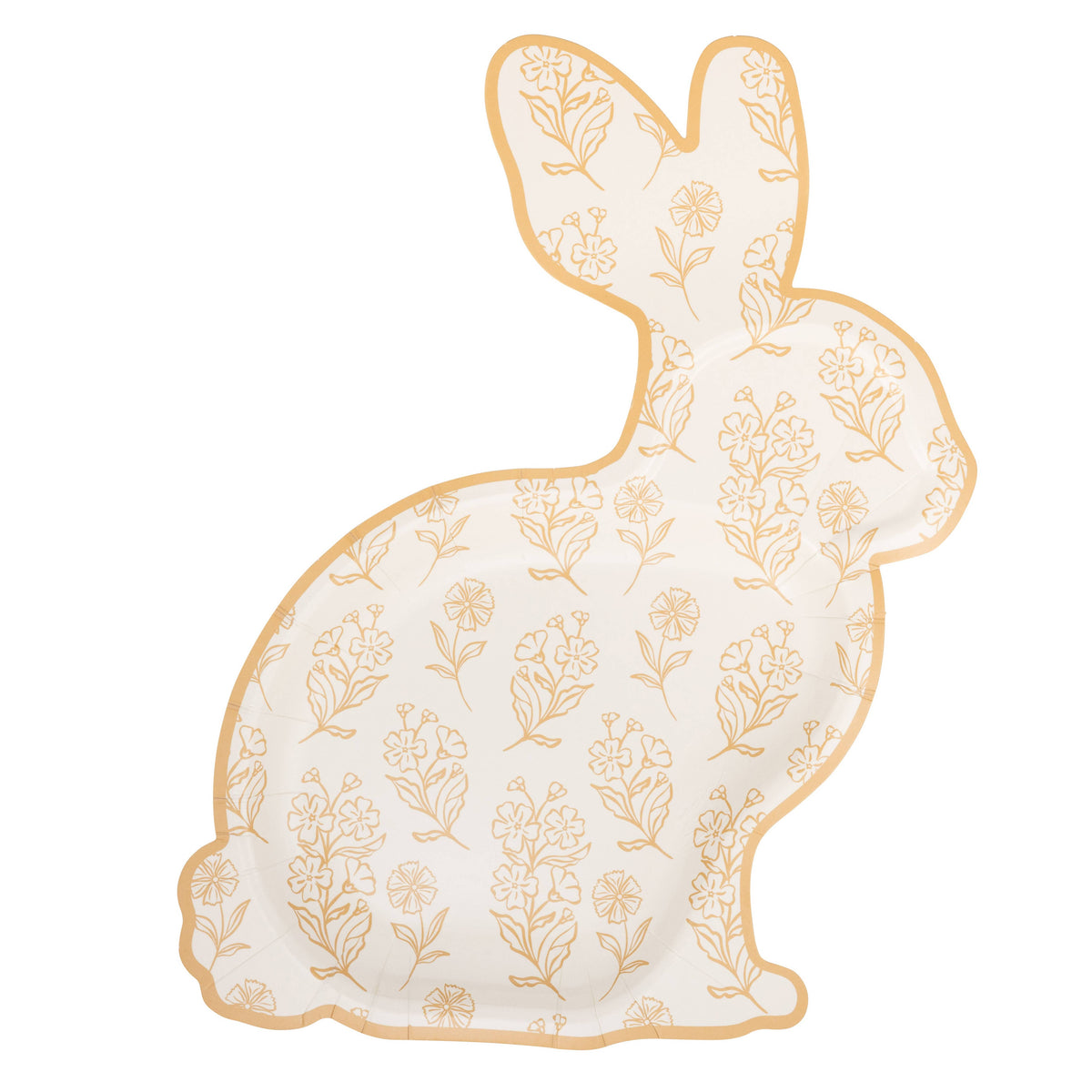 A single paper plate shaped like a bunny with a tan and cream floral pattern and gold-foiled edges.