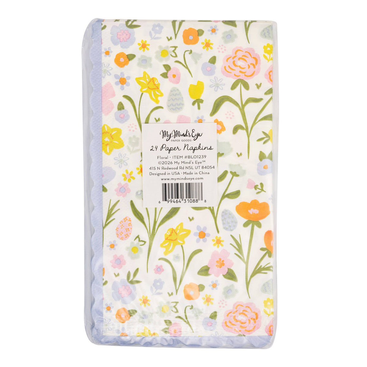 Back of Blossom Floral napkin package showing product details and floral print.