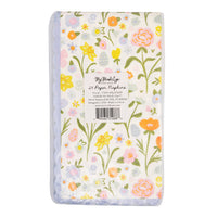 Back of Blossom Floral napkin package showing product details and floral print.