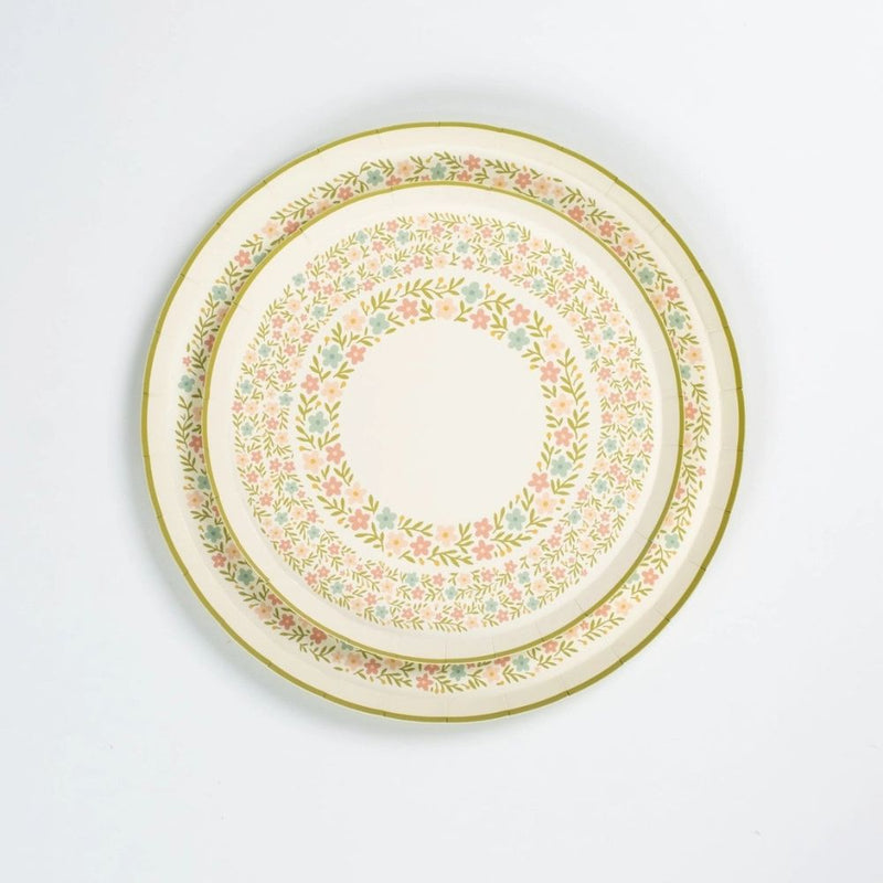 floral meadow dinner plates stacked showing sage rim and pastel flowers.