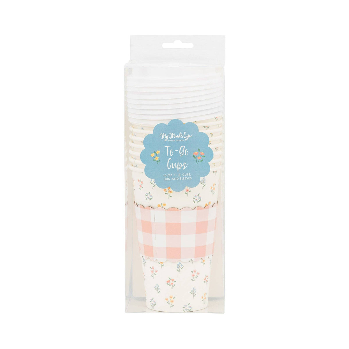A retail package of 8 floral pattern to-go cups with pink gingham scalloped sleeves and white lids for spring party supplies.