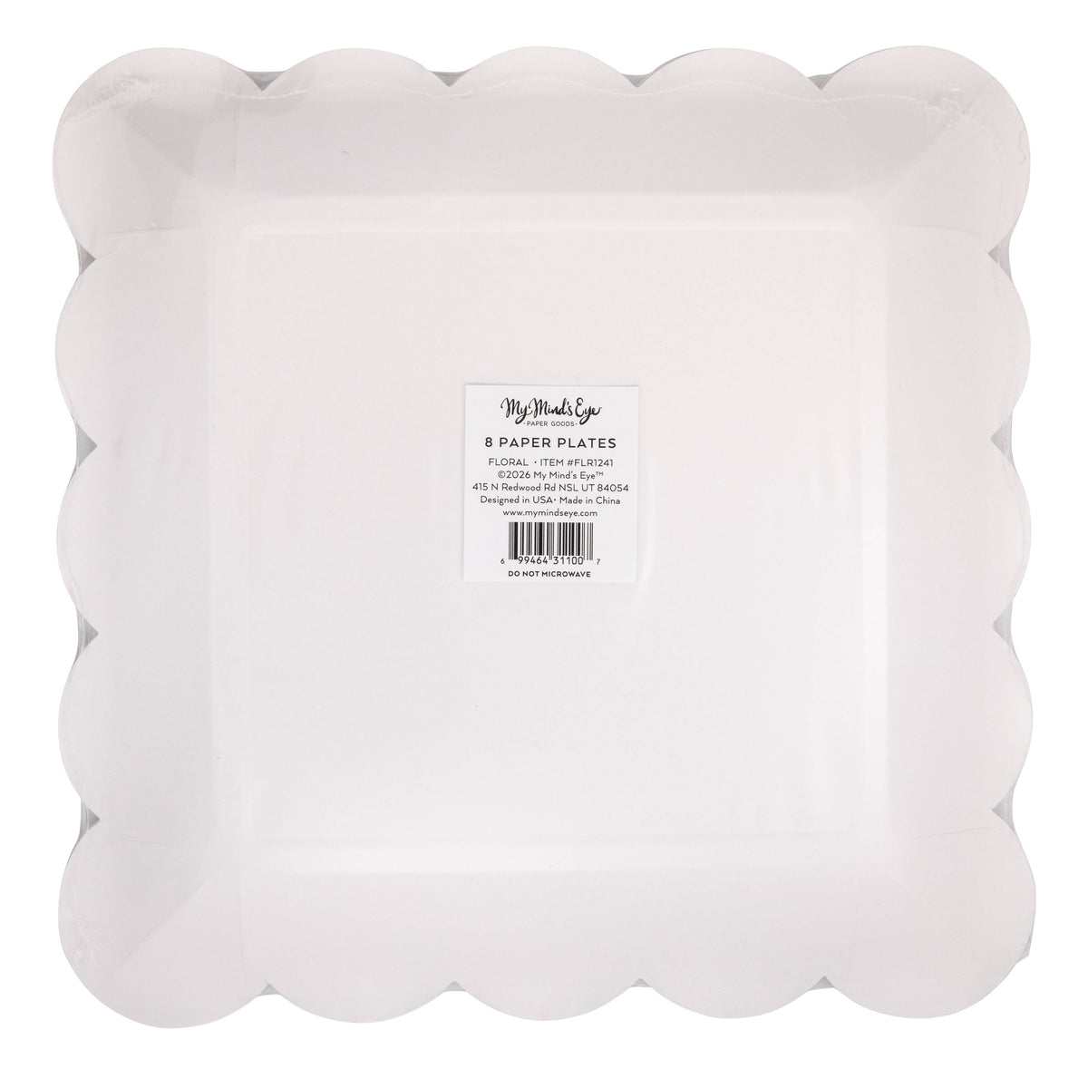 Back view of floral paper plate showing size and packaging label