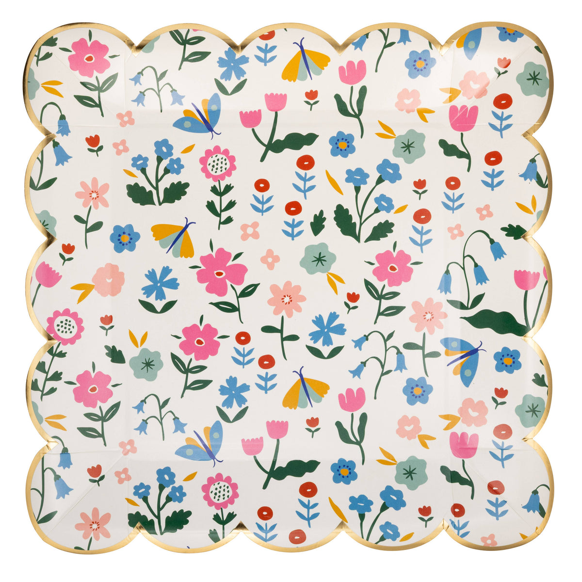 Scalloped floral paper plate with colorful spring flowers and gold trim