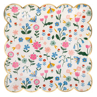 Scalloped floral paper plate with colorful spring flowers and gold trim