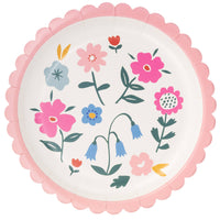 Round paper plate with colorful spring florals and pink scalloped edge